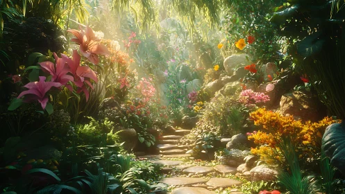 Sunlit stone path winds through lush blooming garden.