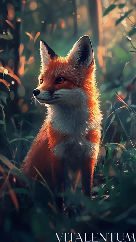 Red fox stands in sunlit forest clearing at dusk