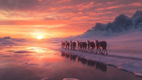 Arctic reindeer drift through molten sunrise over icewater.