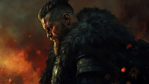 Brooding Viking warrior stands amid embers and rising smoke