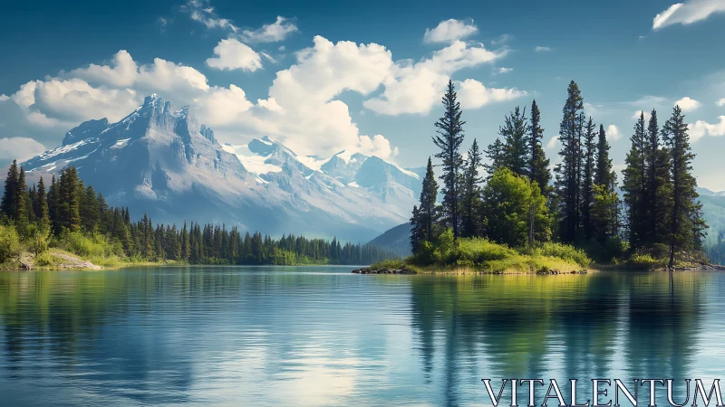 Mountain lake with conifer island and distant snowy peaks.