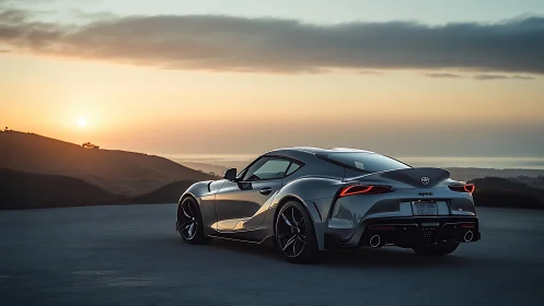 Silver sports coupe parked at coastal overlook at sunset.