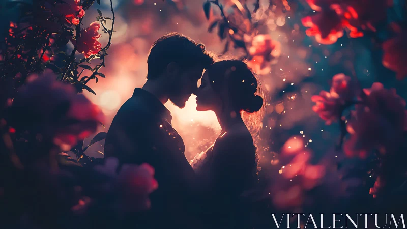 Silhouetted Couple Kissing Among Glowing Flowers at Dusk.