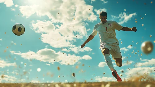 Soccer player powerfully volleys ball under bright summer sky