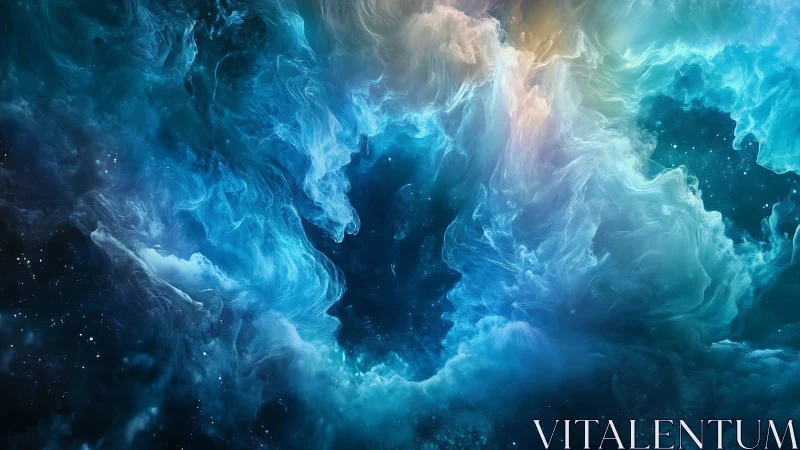 Nebula-like swirling blue clouds in deep cosmic space.