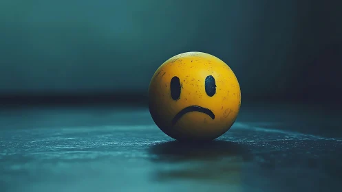 Lonely sad smiley ball rests quietly on a dark floor
