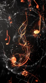 Glowing orange music notes swirl on a dark abstract background.