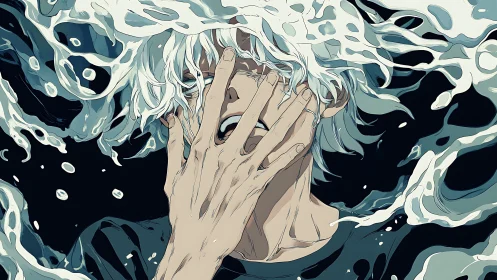 White haired figure submerged in stylized swirling liquid.