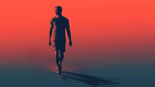 Solitary footballer walks across minimal sunset field