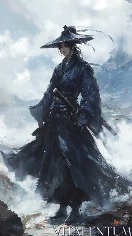 Samurai figure in dark robes within misty mountain setting.