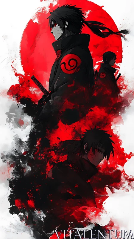 Dark anime swordsman stands before red sun and swirling smoke