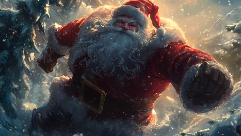 Dynamic Santa charges through glowing winter blizzard.