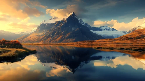 Sunlit alpine peak reflects over still mountain lake