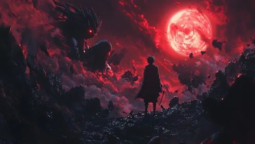 Swordsman facing colossal demon under swirling crimson moon