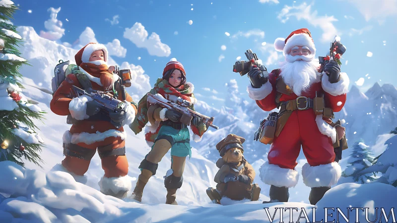 Tactical Santa strike team in stylized alpine combat gear.