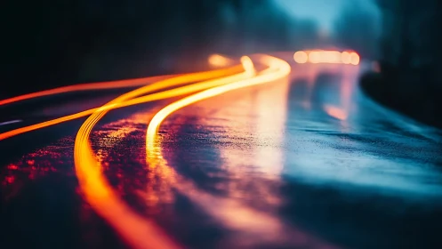 Neon light trails sweep across a slick night roadway.