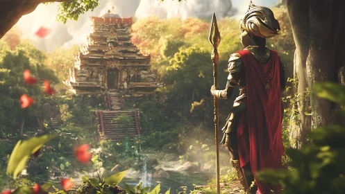 Armored sentry overlooking sunlit jungle temple ruin
