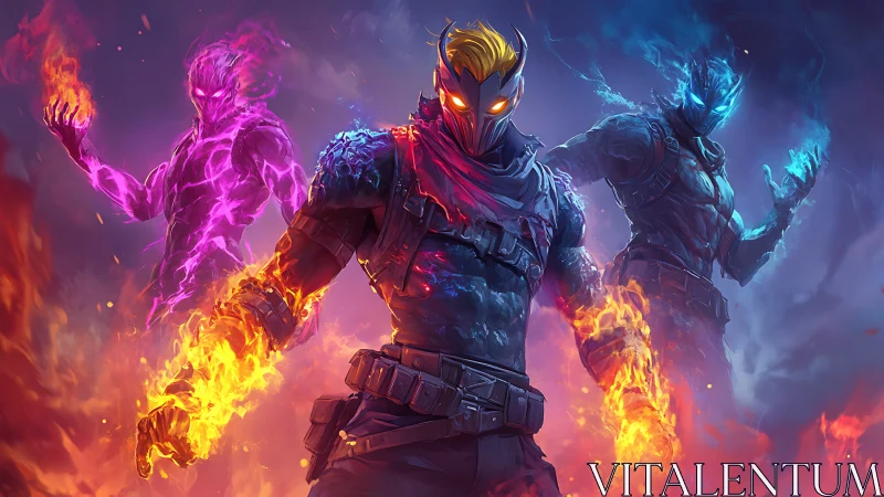 Triad of elemental humanoid warriors in flame and energy.