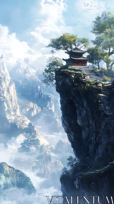 Solitary mountain temple overlooks a vast, cloudlit valley