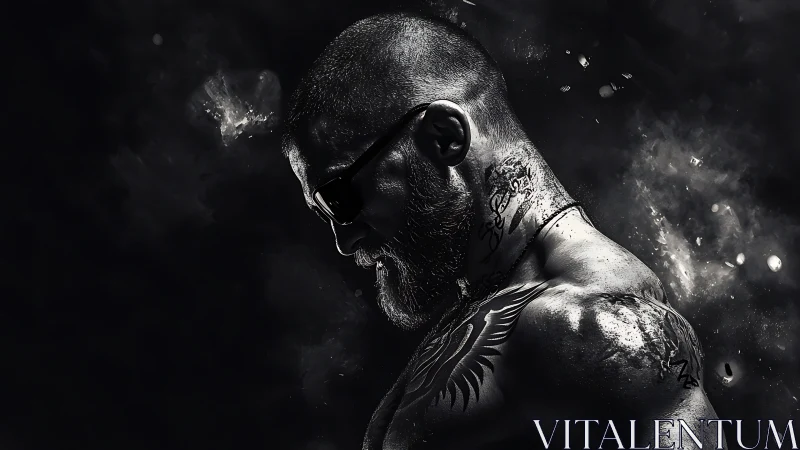 Tattooed muscular man in moody monochrome side profile