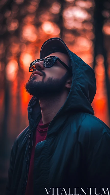 Man in hooded jacket studies fiery forest sunset sky.