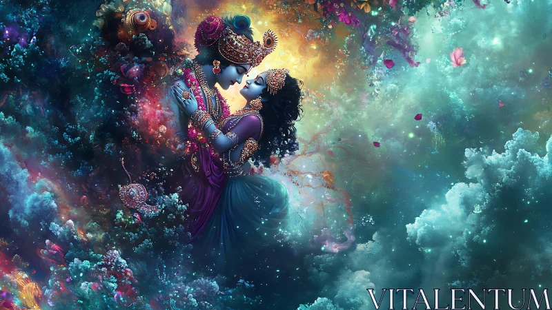 Divine cosmic lovers in luminous nebula embrace.