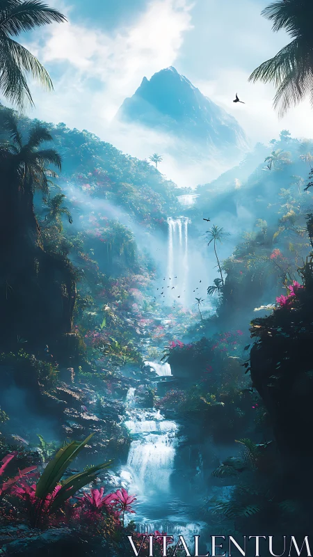 Vertical jungle cascade under atmospheric mountain haze