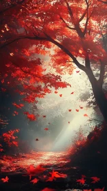 Crimson leaves drift upward as morning light carves a secret path