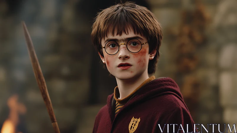 Young robed wizard holding wand in shallow-depth portrait