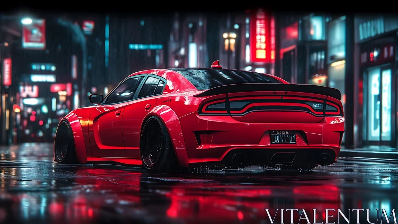 Red widebody sports car stands on wet neon city street at night