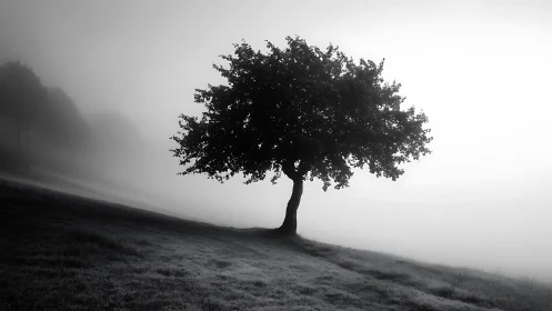 Solitary hillside tree whispering into the morning fog.