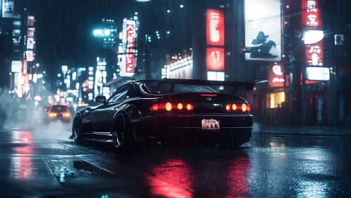 Tuned sports car on wet neon city street at night period.