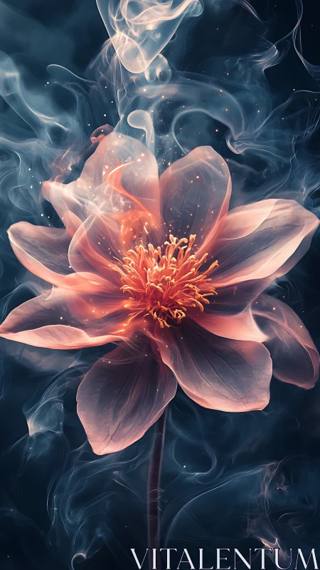 Glowing translucent flower rises through swirling blue smoke
