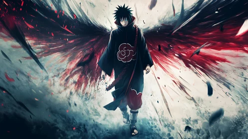 Dark winged anime figure walking through swirling chaos.