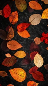 Autumn foliage pattern on dark textured stone background.