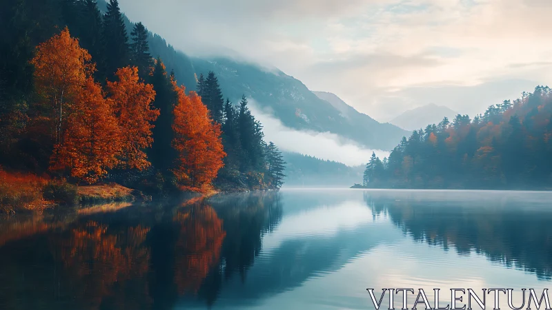 Autumn lake forest reflects across misty mountain valley.
