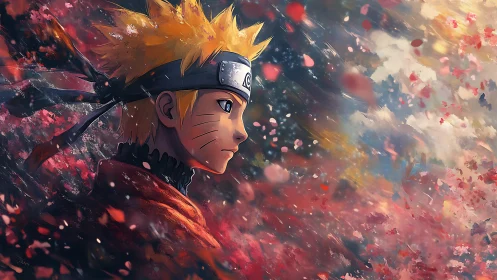 Wind-swept blond anime ninja profile amid kinetic petals