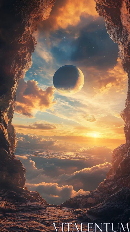 Cavern doorway opens onto twin skies of dawn and moonrise.