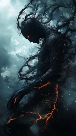 Infernal shadow entity with molten fractures and ember eyes.