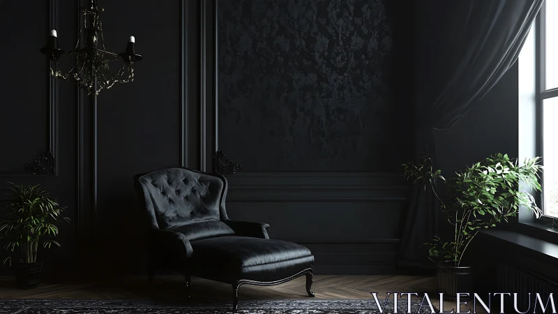 Dark monochrome lounge interior with baroque chaise focus.