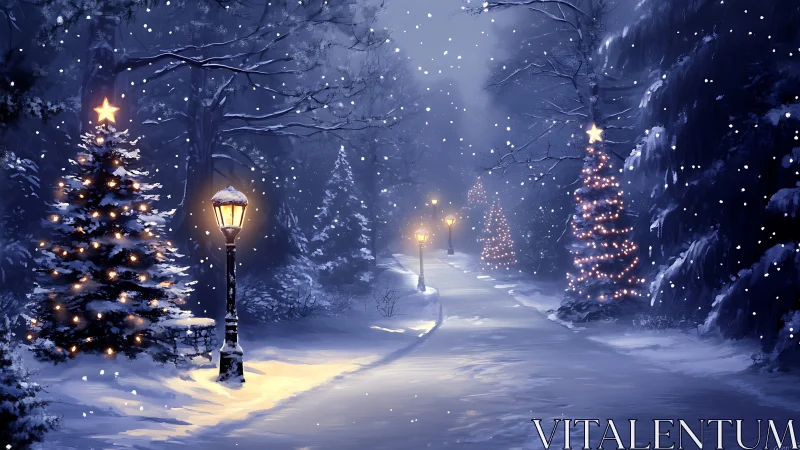 Snowy winter path glows with lamplight and Christmas trees.