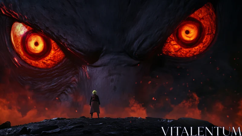 Warrior confronts colossal fiery-eyed beast over lava ridge