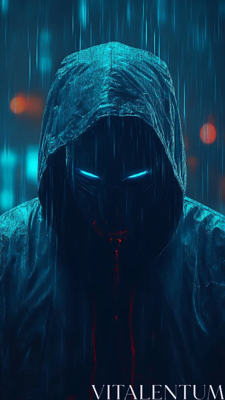Hooded neon vigilante emerging through rain-soaked shadows.