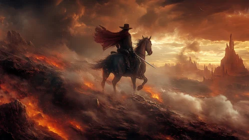 Lone rider carves a burning path across molten horizons