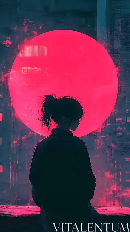 Silhouette of lone figure before large neon pink disc.
