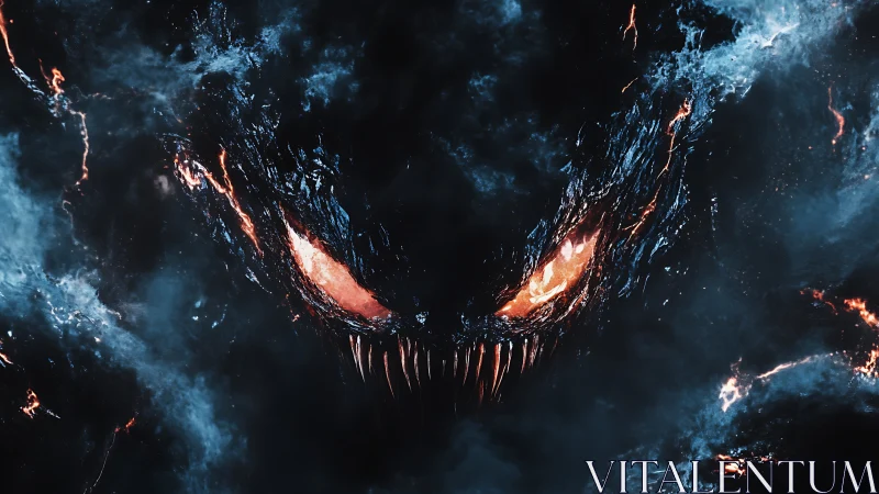 Cosmic ember maw grinning from storm-torn starlit void.