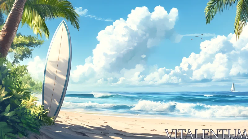 Tropical surf beach with lone board and rolling waves.