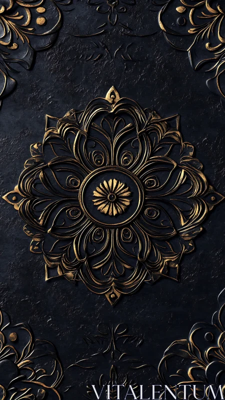 Ornate gilded mandala relief on textured midnight ground.