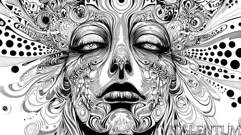 Ink-bloomed cosmic visage swirling in monochrome reverie.
