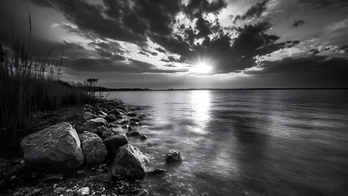 Monochrome sunset over rocky lakeshore radiates calm light